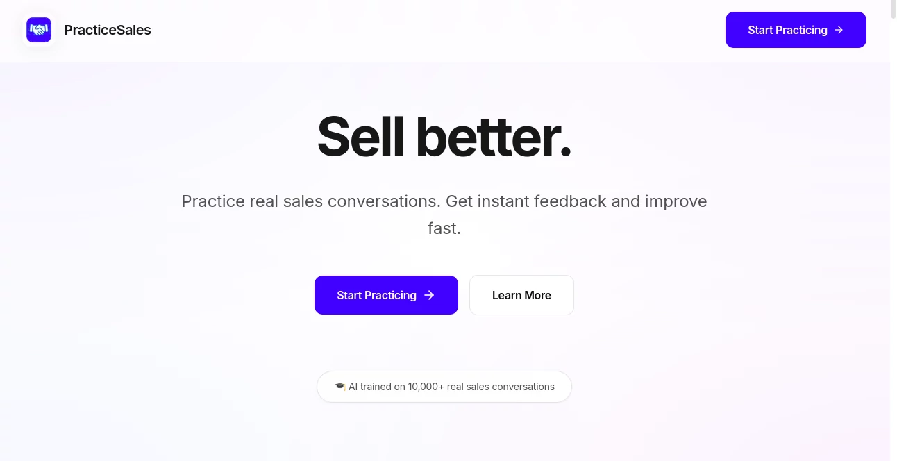 Screenshot of PracticeSales – An AI tool in the ,AI Sales Assistant ,AI Coaching  category, showcasing its interface and key features.