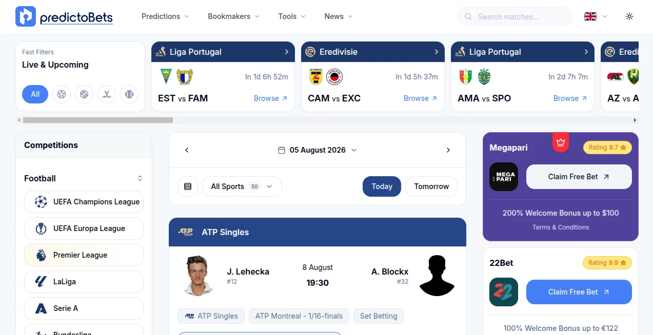 Screenshot of PredictoBets – An AI tool in the ,AI Research Tool ,AI Analytics Assistant ,AI Sports  category, showcasing its interface and key features.