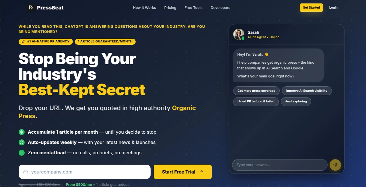 Screenshot of PressBeat – An AI tool in the ,AI SEO Assistant ,AI Marketing Plan Generator ,AI Digital Marketing Generator  category, showcasing its interface and key features.