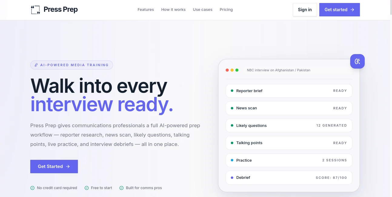 Screenshot of Press Prep – An AI tool in the ,AI Research Tool ,AI General Writing ,AI Response Generator  category, showcasing its interface and key features.