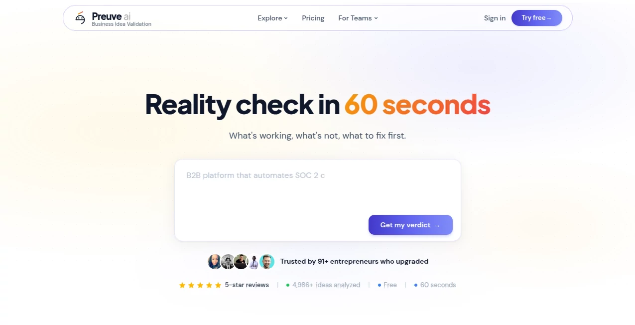 Screenshot of Preuve AI – An AI tool in the ,AI Research Tool ,AI Business Ideas Generator ,AI Consulting Assistant  category, showcasing its interface and key features.