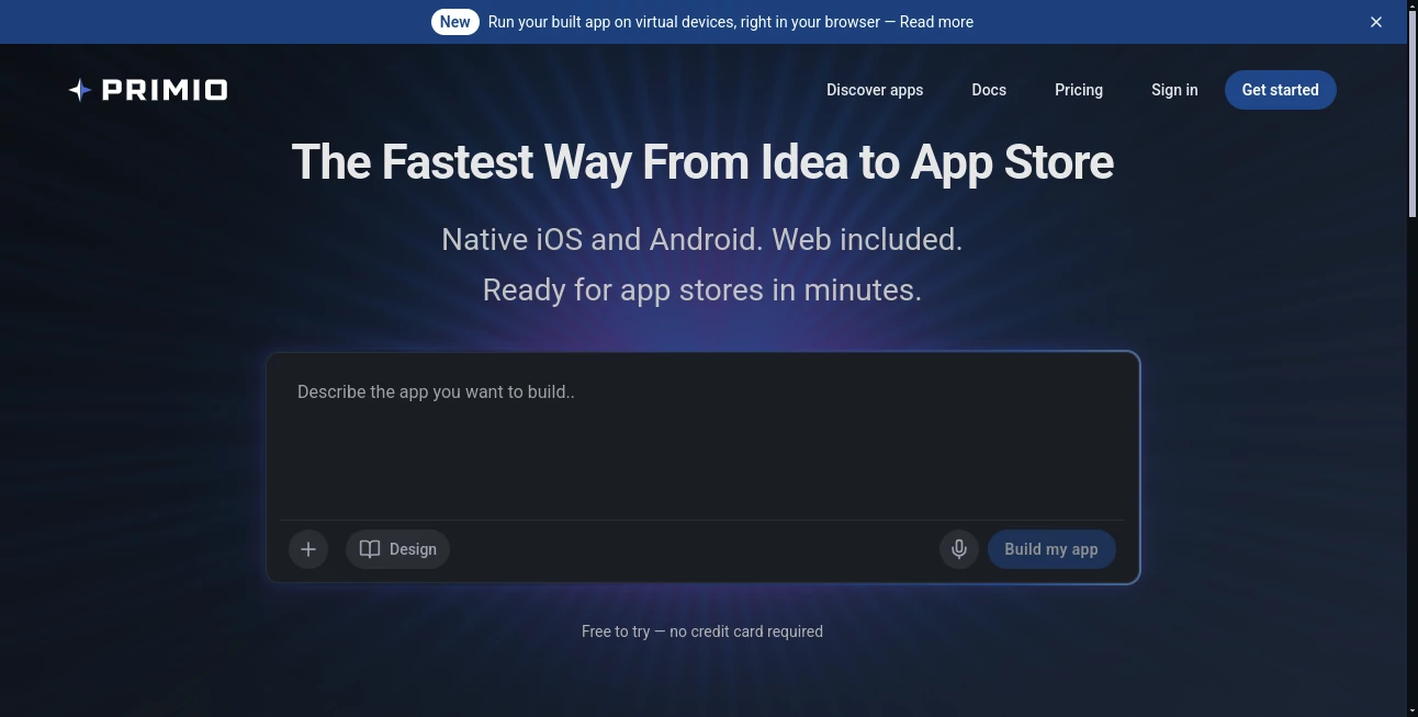 Screenshot of Primio – An AI tool in the ,AI No-Code & Low-Code ,AI Developer Tools ,AI App Builder  category, showcasing its interface and key features.