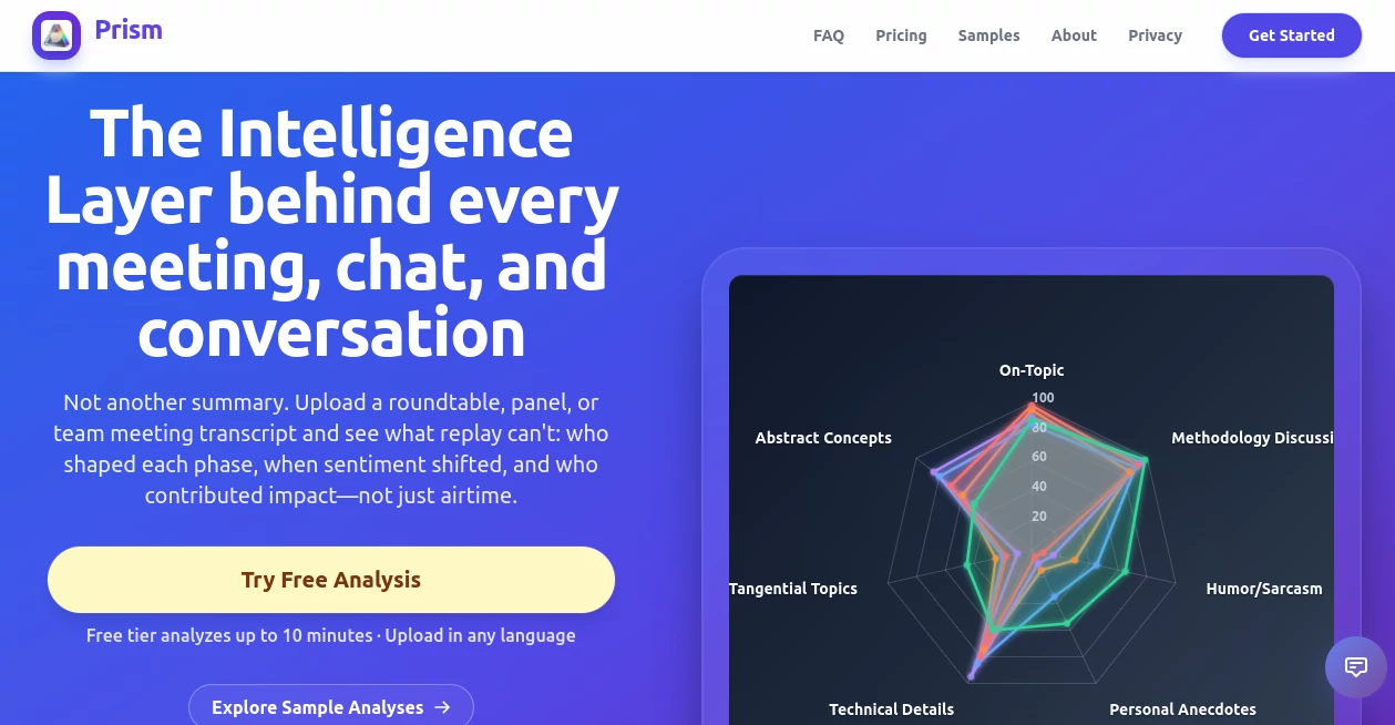 Screenshot of Prism – An AI tool in the ,AI Analytics Assistant ,AI Productivity Tools ,AI Team Collaboration ,AI Meeting Assistant  category, showcasing its interface and key features.