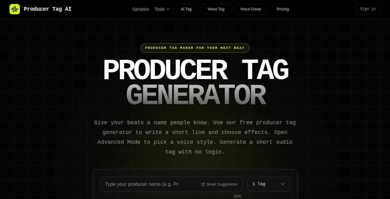 Screenshot of Producer Tag Generator – An AI tool in the ,AI Voice Chat Generator ,Voice  category, showcasing its interface and key features.
