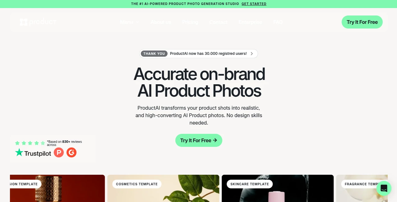 Screenshot of ProductAI – An AI tool in the ,AI Photo & Image Generator ,AI Background Generator ,AI Photography ,AI Image to Image  category, showcasing its interface and key features.