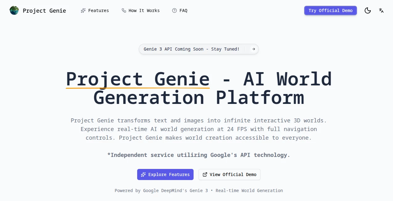 Screenshot of Project Genie – An AI tool in the ,AI 3D Model Generator ,AI Fun Tools ,AI Design Generator ,AI Developer Tools  category, showcasing its interface and key features.