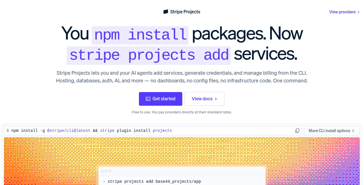 Screenshot of Stripe Projects – An AI tool in the ,AI API Design ,AI Developer Tools ,AI DevOps Assistant  category, showcasing its interface and key features.