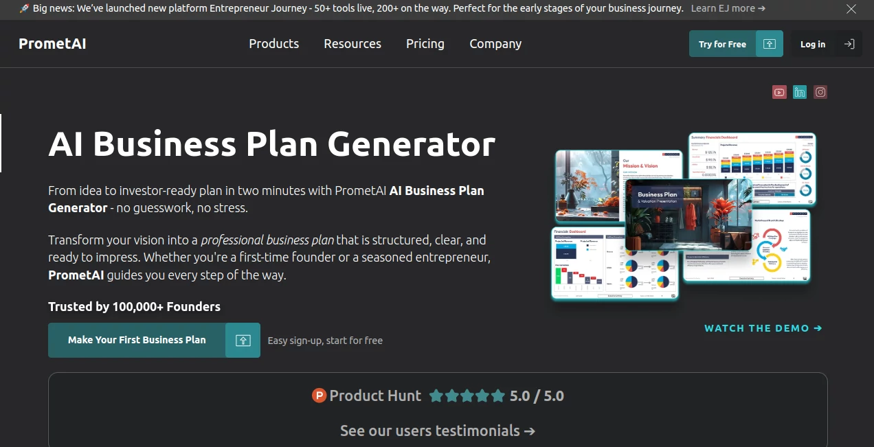 Screenshot of PrometAI – An AI tool in the ,AI Marketing Plan Generator ,AI Research Tool ,AI Business Ideas Generator  category, showcasing its interface and key features.