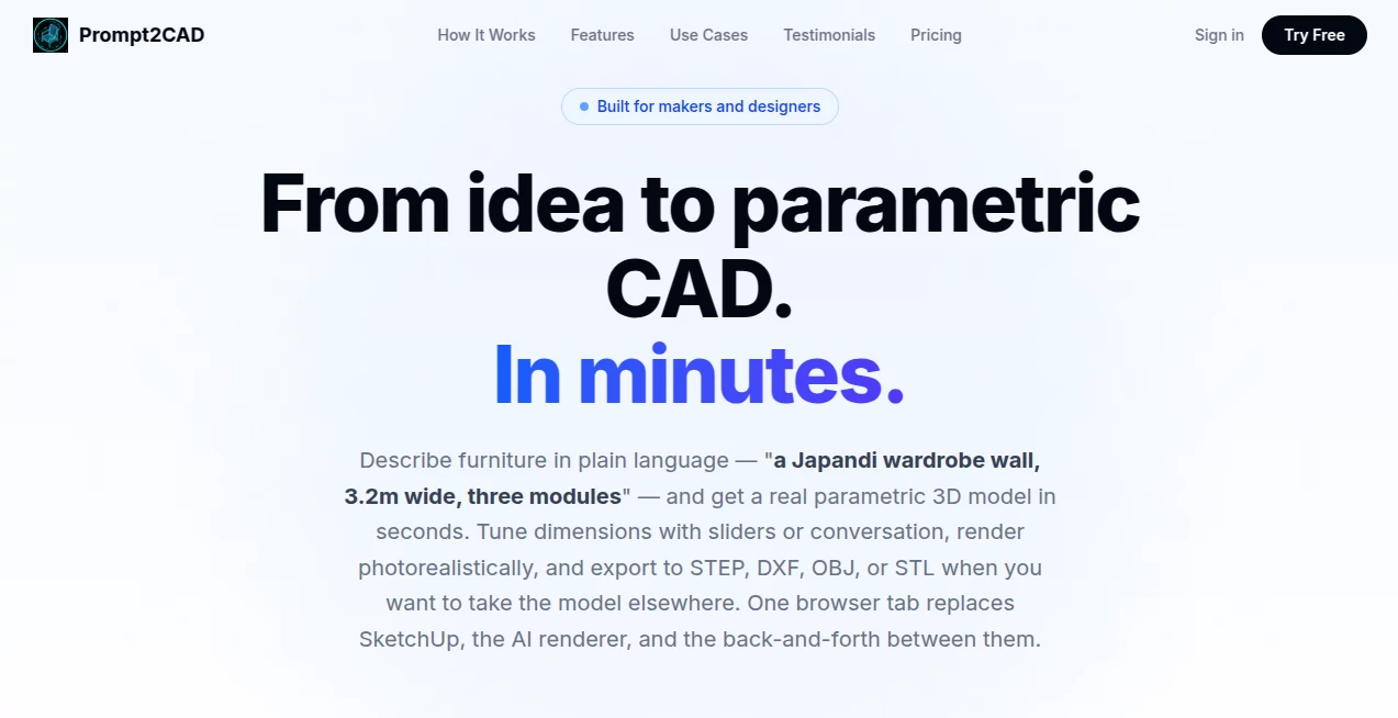 Screenshot of Prompt2CAD – An AI tool in the ,AI 3D Model Generator ,AI Design Assistant ,AI Design Generator ,AI Text to 3D  category, showcasing its interface and key features.