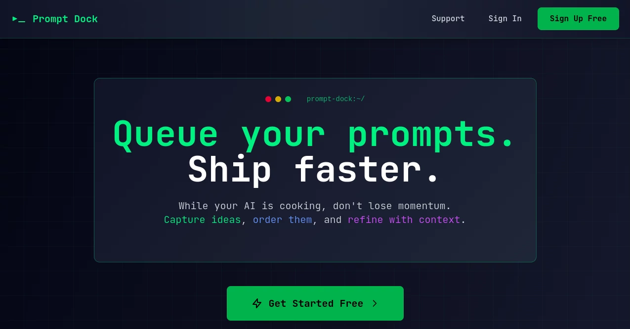 Screenshot of PromptDock – An AI tool in the ,AI Code Assistant ,AI Code Explanation ,Large Language Models (LLMs) ,AI Developer Tools  category, showcasing its interface and key features.