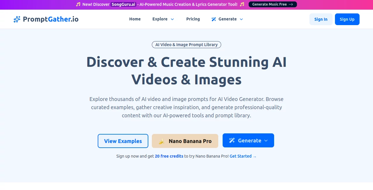 Screenshot of PromptGather.io – An AI tool in the ,AI Text to Image ,AI Text to Video ,AI Video Generator ,AI Art Generator  category, showcasing its interface and key features.