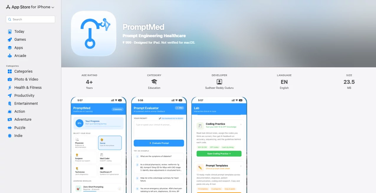 Screenshot of PromptMed – An AI tool in the ,AI Tutorial ,Prompt ,AI Education Assistant ,AI Healthcare  category, showcasing its interface and key features.