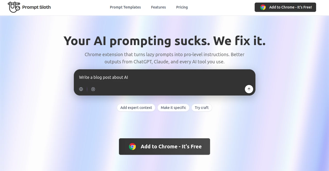 Screenshot of Prompt Sloth – An AI tool in the ,AI Writing Assistants ,AI Content Generator ,Prompt ,Large Language Models (LLMs)  category, showcasing its interface and key features.