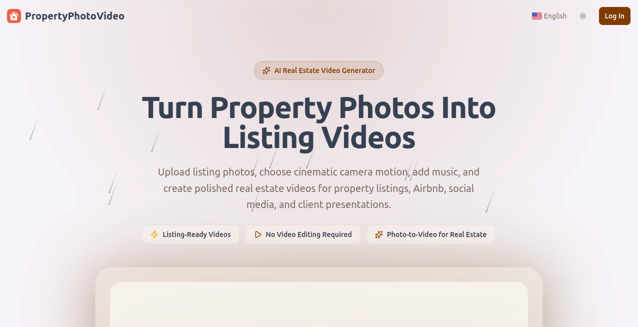 Screenshot of PropertyPhotoVideo – An AI tool in the ,AI Animated Video ,AI Image to Video ,AI Video Generator  category, showcasing its interface and key features.