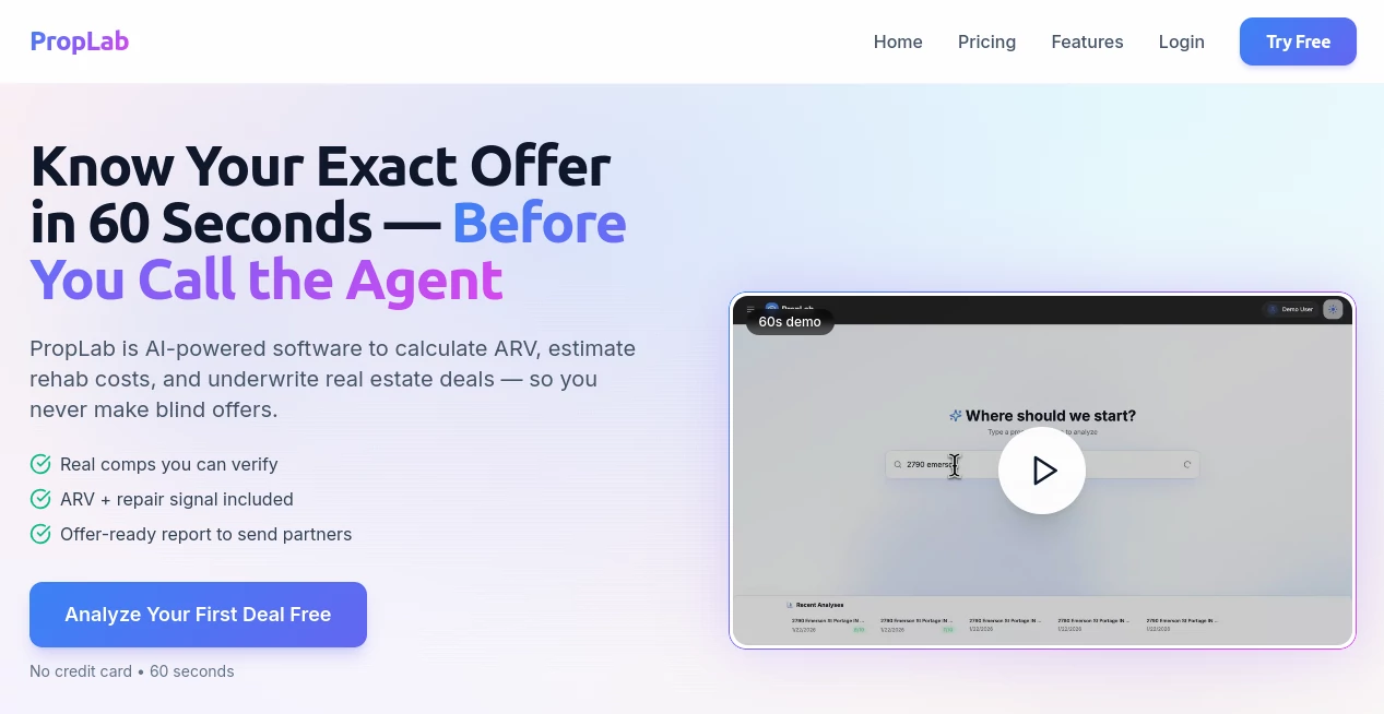 Screenshot of PropLab – An AI tool in the ,AI Research Tool ,AI Business Ideas Generator ,AI Consulting Assistant ,AI Productivity Tools  category, showcasing its interface and key features.
