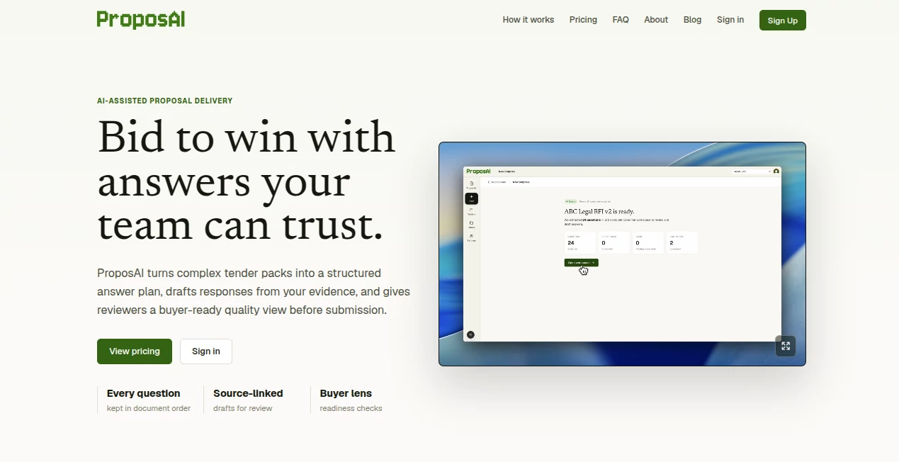 Screenshot of ProposAI – An AI tool in the ,AI Content Generator ,AI Business Ideas Generator ,AI Sales Assistant ,AI Productivity Tools  category, showcasing its interface and key features.