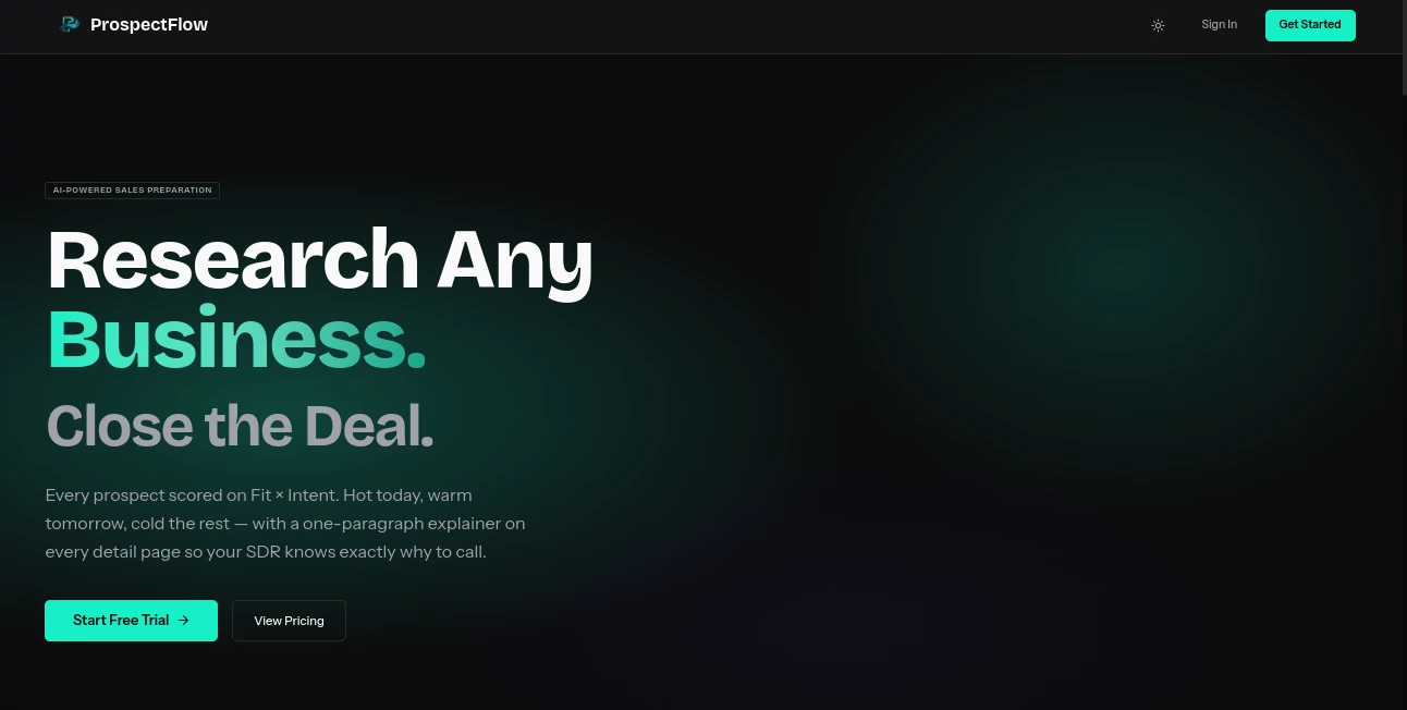 Screenshot of ProspectFlow – An AI tool in the ,AI Business Ideas Generator ,AI Sales Assistant ,AI CRM Assistant ,AI Lead Generation  category, showcasing its interface and key features.