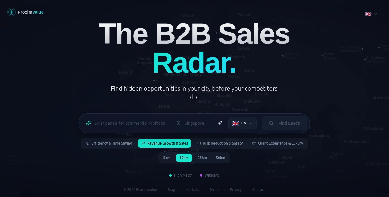 Screenshot of Proxim Value – An AI tool in the ,AI Lead Generation ,AI Sales Assistant ,AI Analytics Assistant ,AI Marketing Plan Generator  category, showcasing its interface and key features.