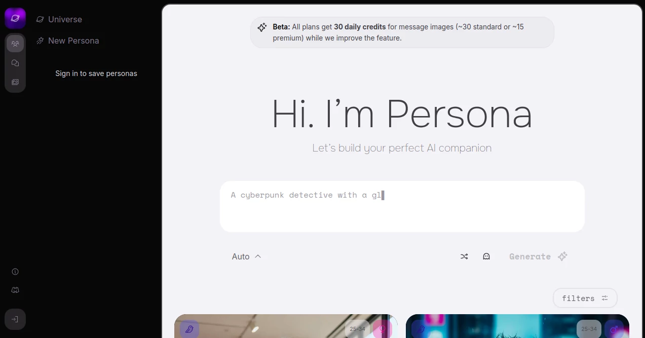 Screenshot of Persona – An AI tool in the ,AI Creative Writing ,AI Character ,AI Chatbot ,AI Story Writing  category, showcasing its interface and key features.