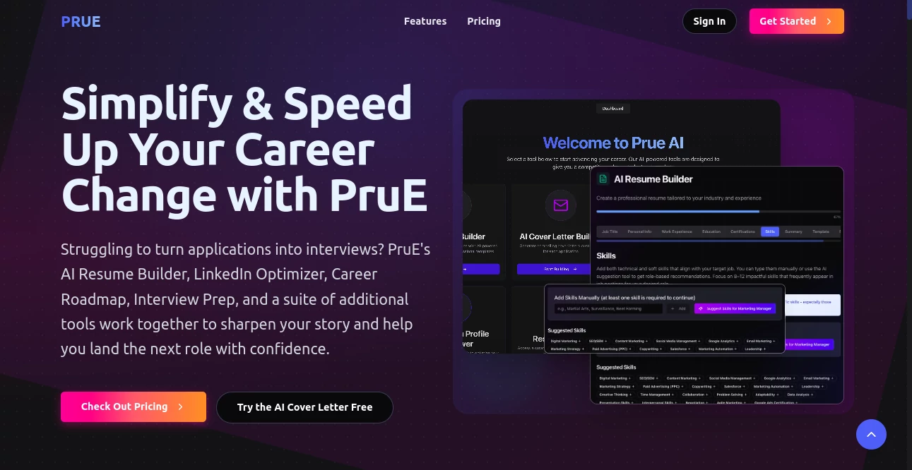 Screenshot of PruE.ai – An AI tool in the ,AI Cover Letter Generator ,AI Interview Assistant ,AI Coaching ,AI Resume Builder  category, showcasing its interface and key features.