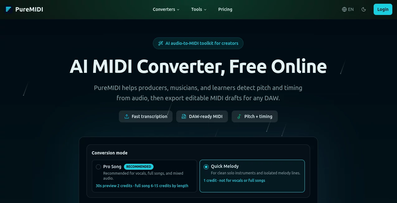 Screenshot of PureMIDI – An AI tool in the ,AI Audio Enhancer ,AI Music Generator ,AI Speech to Text ,AI Voice & Audio Editing  category, showcasing its interface and key features.