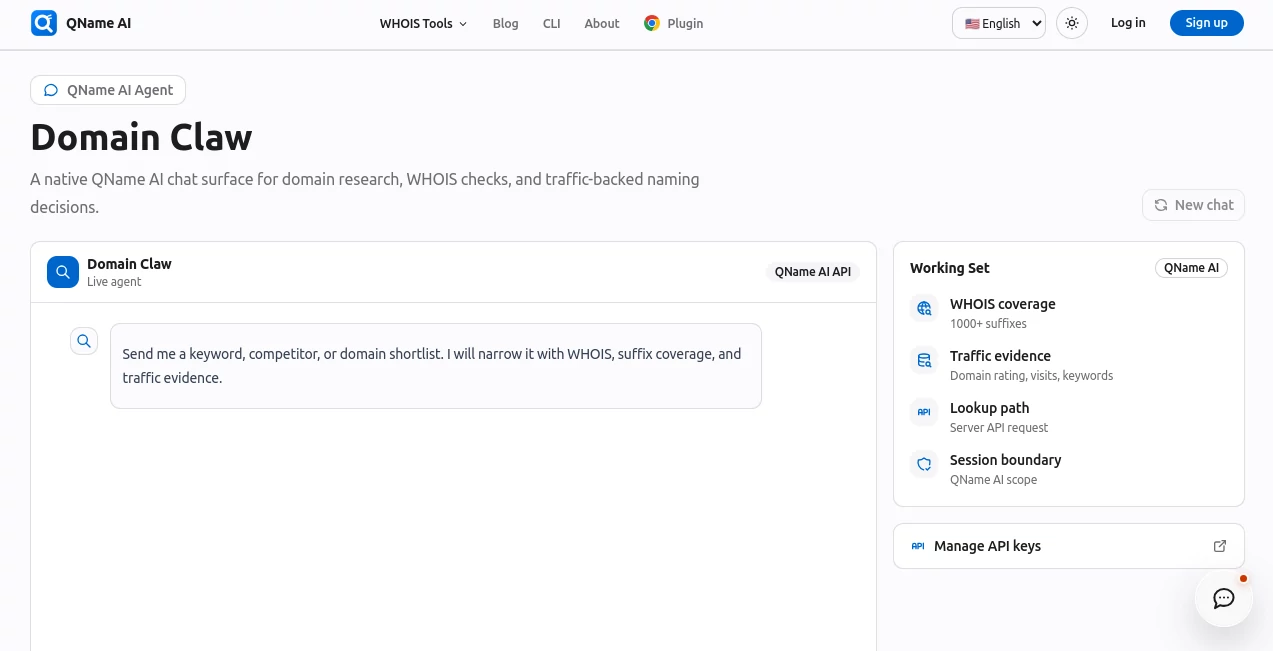 Screenshot of QName AI Agent – An AI tool in the ,AI Research Tool ,AI Domain Name Generator  category, showcasing its interface and key features.