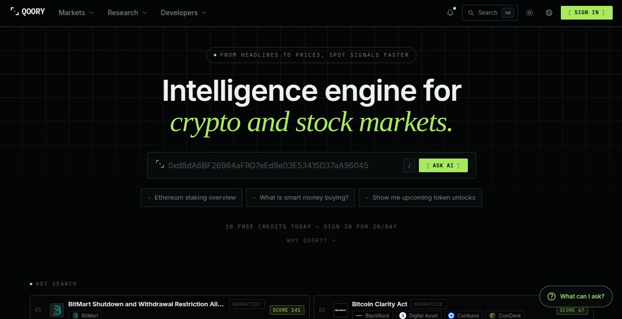 Screenshot of Qoory – An AI tool in the ,AI Investing Assistant ,AI Research Tool ,AI Analytics Assistant ,AI Trading Bot Assistant  category, showcasing its interface and key features.