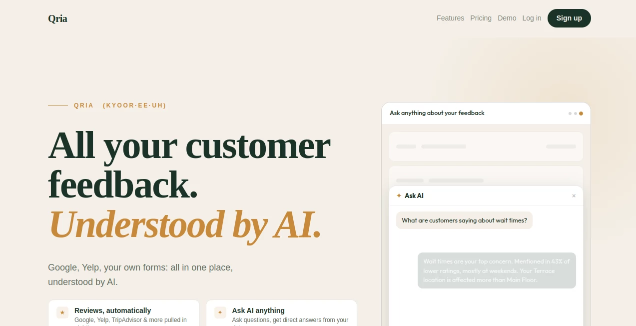 Screenshot of Qria – An AI tool in the ,AI Research Tool ,AI Analytics Assistant ,AI Customer Service Assistant  category, showcasing its interface and key features.