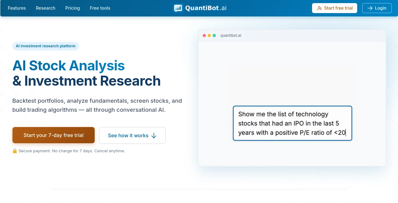 Screenshot of QuantiBot.ai – An AI tool in the ,AI Investing Assistant ,AI Research Tool ,AI Analytics Assistant ,AI Trading Bot Assistant  category, showcasing its interface and key features.