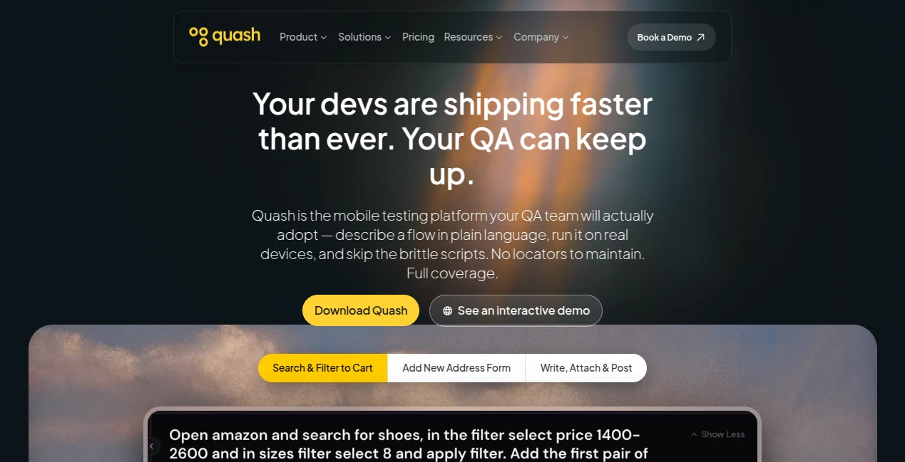 Screenshot of Quash – An AI tool in the ,AI Testing & QA ,AI Code Assistant ,AI Developer Tools ,AI DevOps Assistant  category, showcasing its interface and key features.