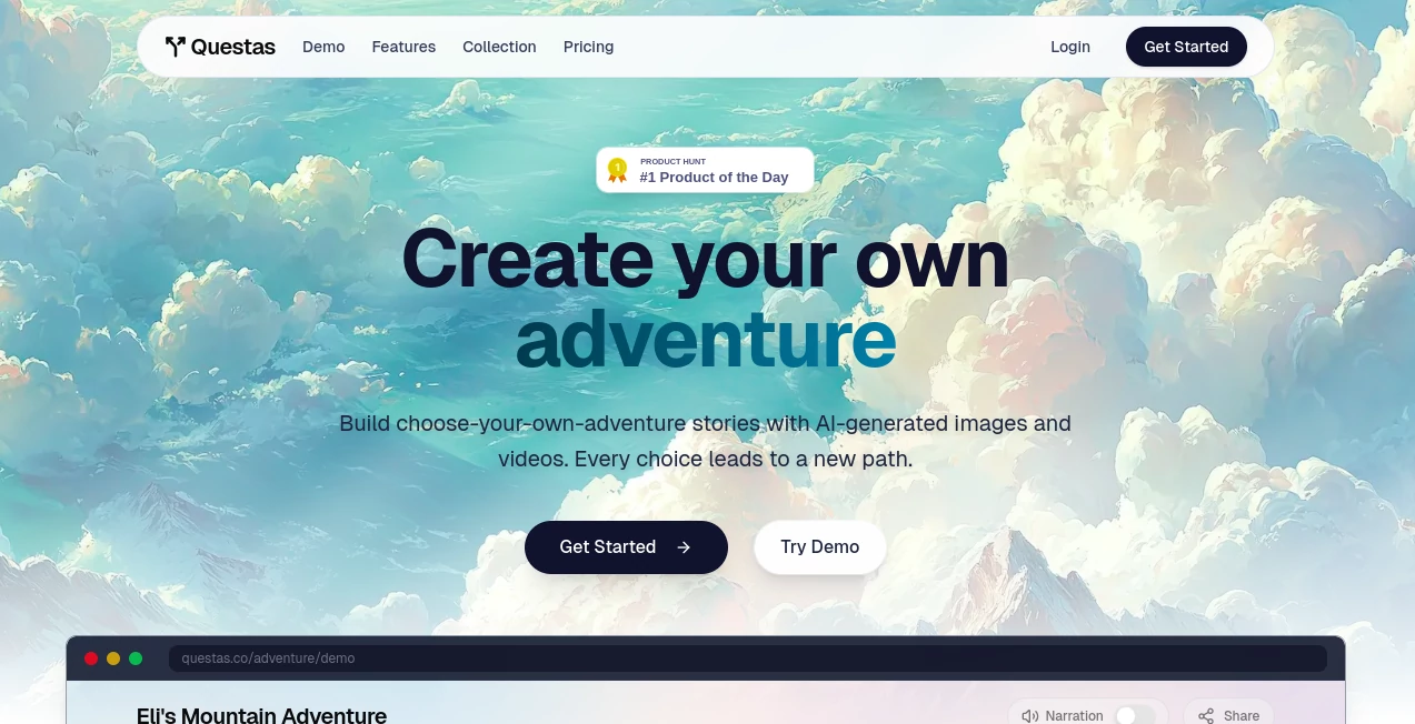 Screenshot of Questas – An AI tool in the ,AI Story Writing ,AI Creative Writing ,AI Image to Video ,AI Video Generator  category, showcasing its interface and key features.
