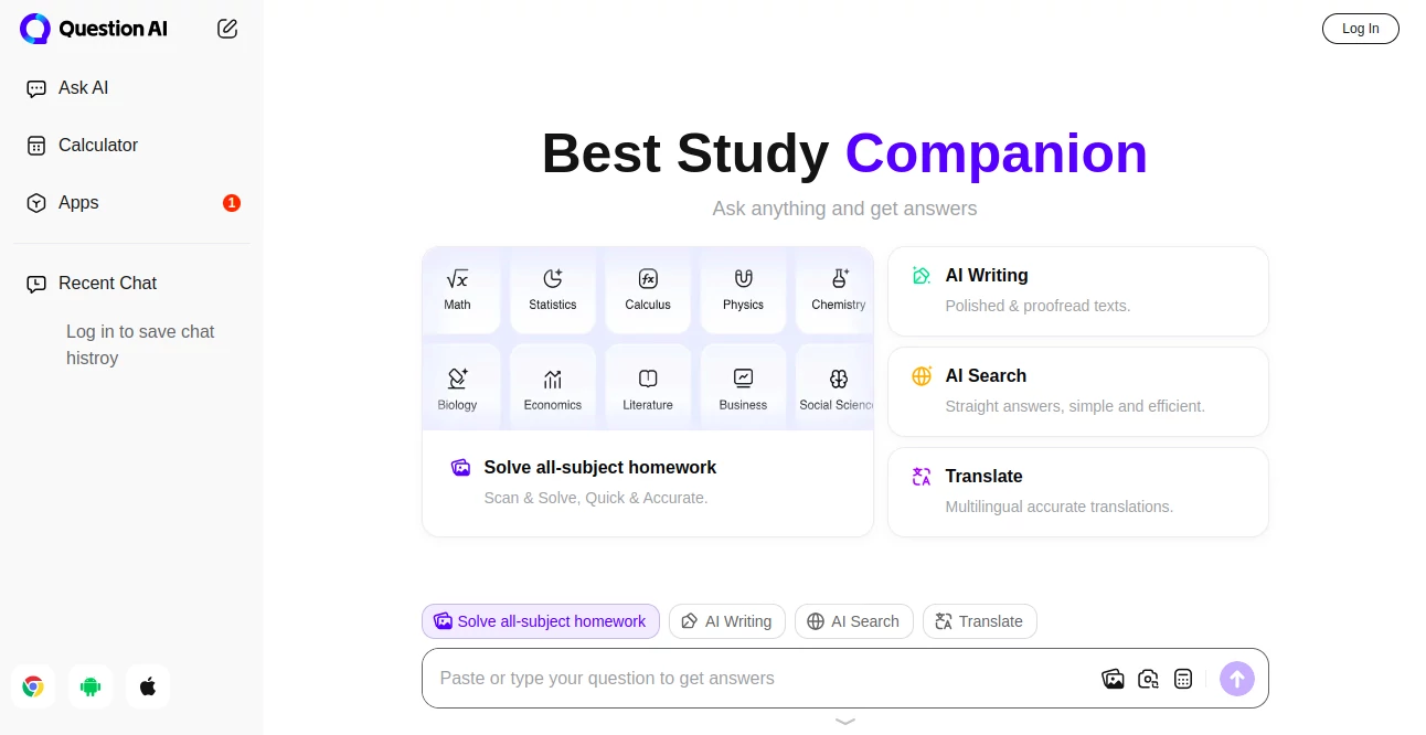 Screenshot of QuestionAI – An AI tool in the ,AI Homework Helper  category, showcasing its interface and key features.