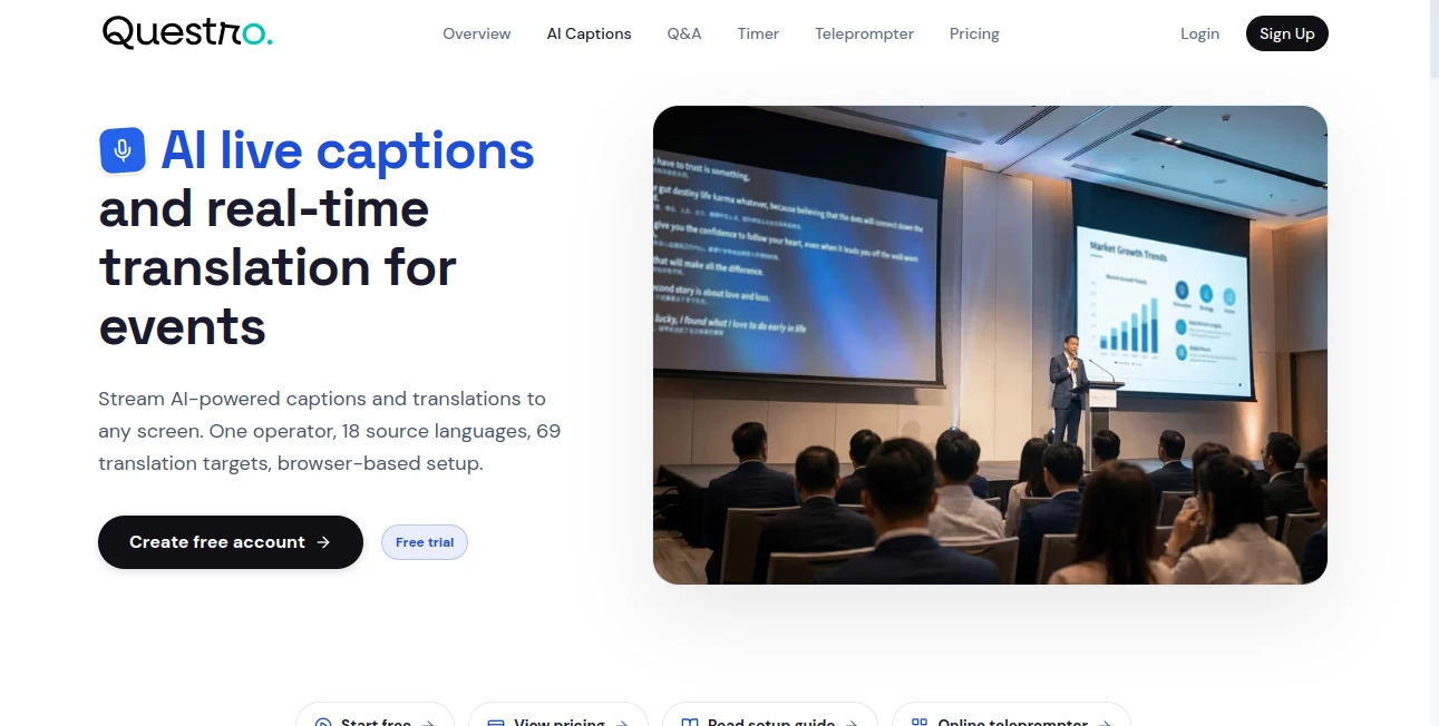 Screenshot of Questro AI Interpreter – An AI tool in the ,AI Translate ,AI Speech Recognition ,AI Speech to Text ,AI Captions or Subtitle  category, showcasing its interface and key features.