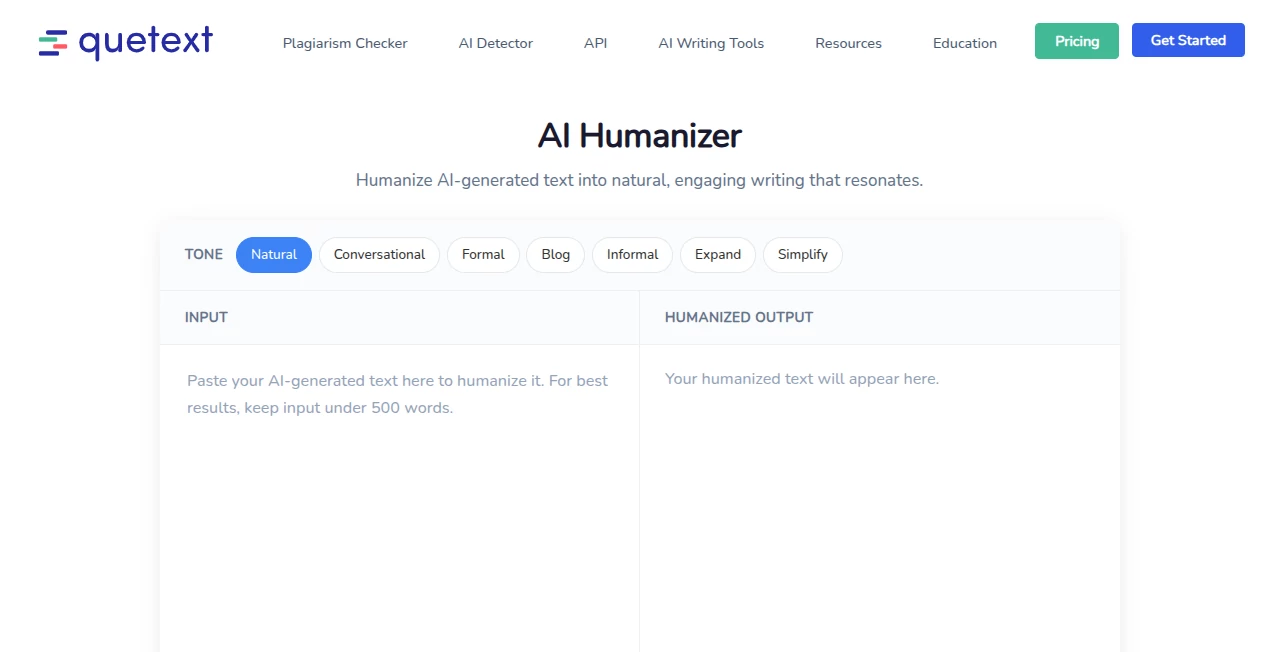Screenshot of Quetext AI Humanizer – An AI tool in the ,AI Rewriter ,AI Writing Assistants ,AI Content Generator ,AI Detector  category, showcasing its interface and key features.