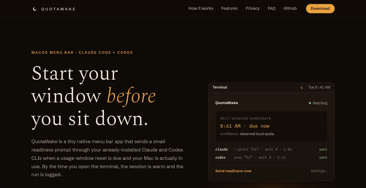 Screenshot of QuotaWake – An AI tool in the ,AI Creative Writing ,AI Content Generator ,AI Quotes Generator ,AI Social Media Assistant  category, showcasing its interface and key features.