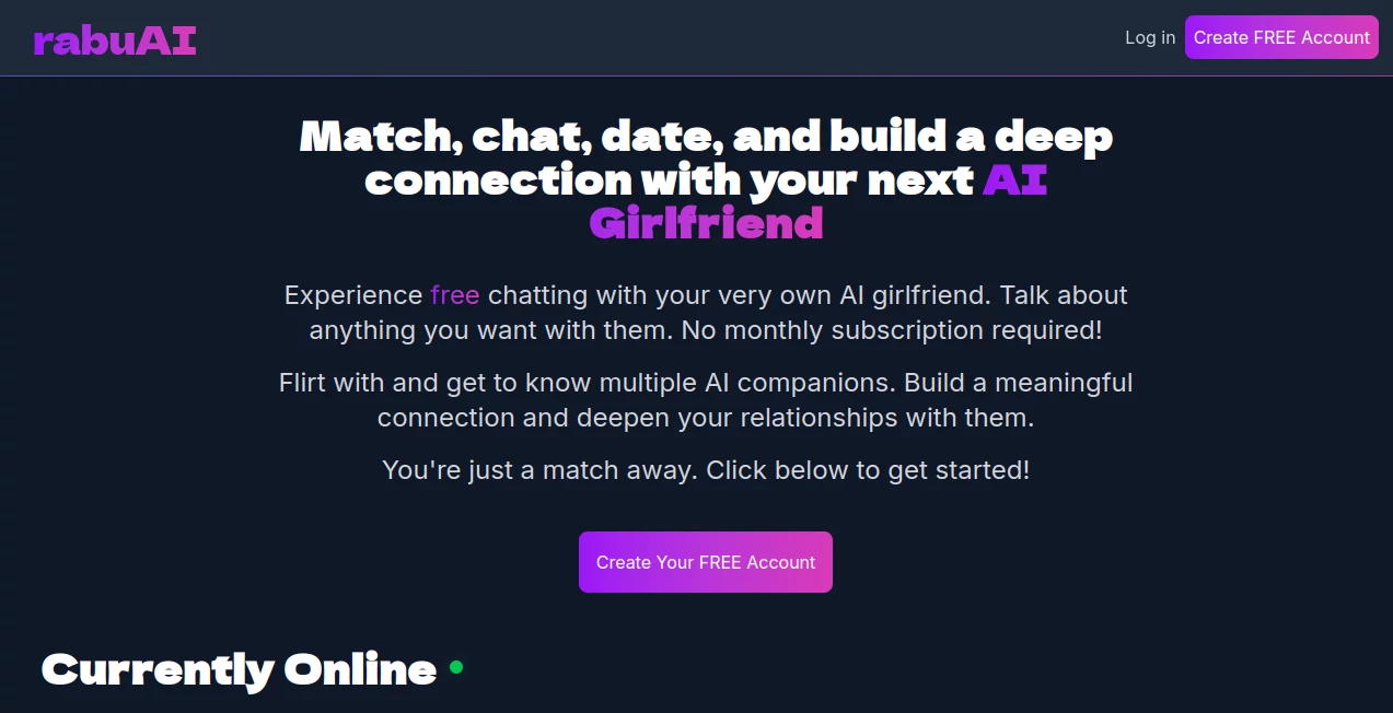 Screenshot of rabuAI – An AI tool in the ,AI Voice Chat Generator ,AI Character ,AI Chatbot ,AI Girlfriend  category, showcasing its interface and key features.