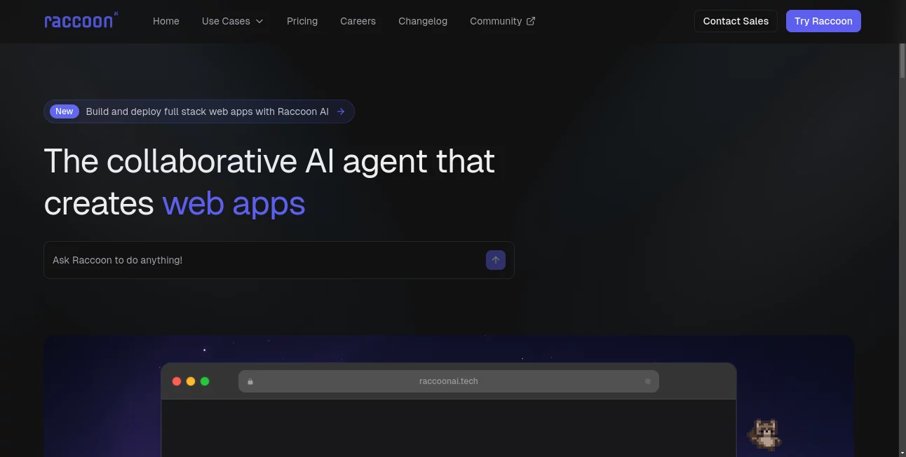 Screenshot of Raccoon AI – An AI tool in the ,AI Code Generator ,AI App Builder ,AI Presentation Generator ,AI Workflow Management  category, showcasing its interface and key features.