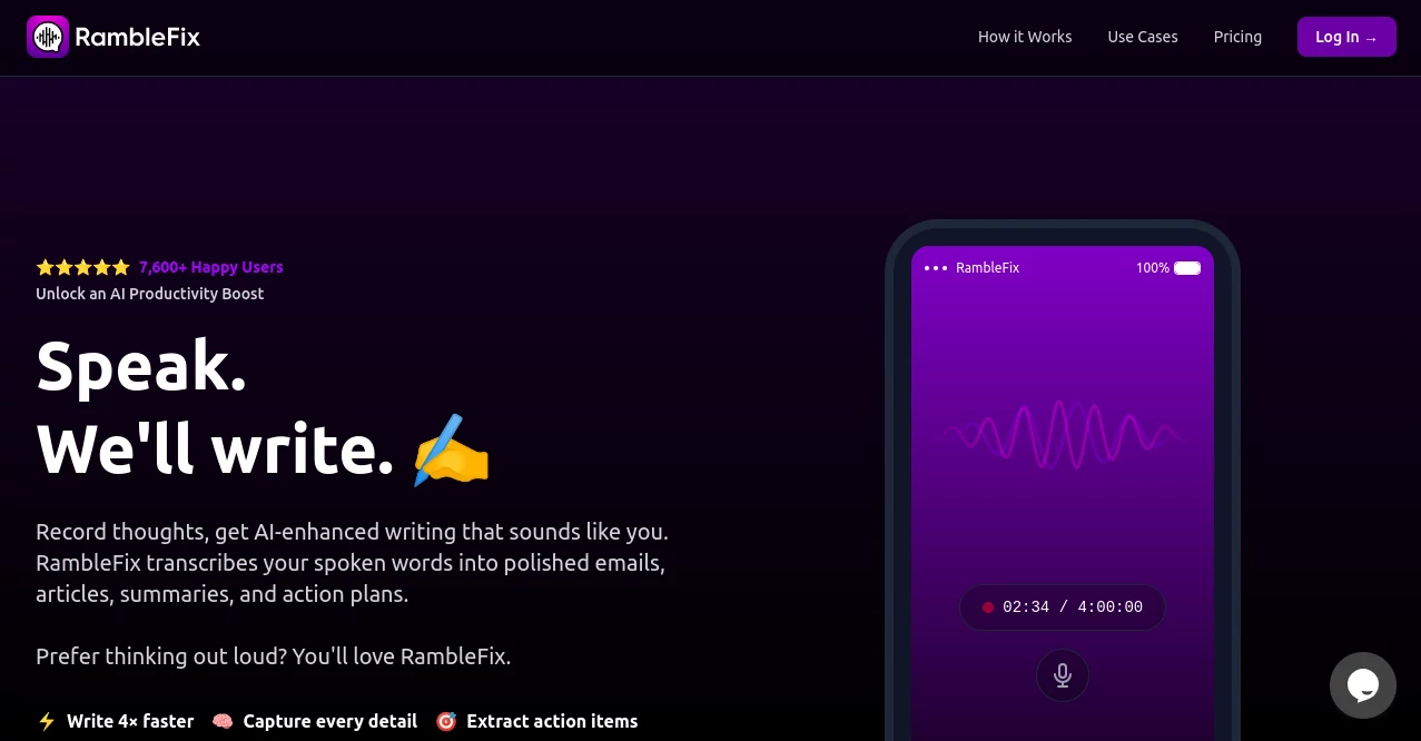 Screenshot of RambleFix – An AI tool in the ,AI Transcriber ,AI Productivity Tools ,AI Writing Assistants ,AI Notes Assistant  category, showcasing its interface and key features.