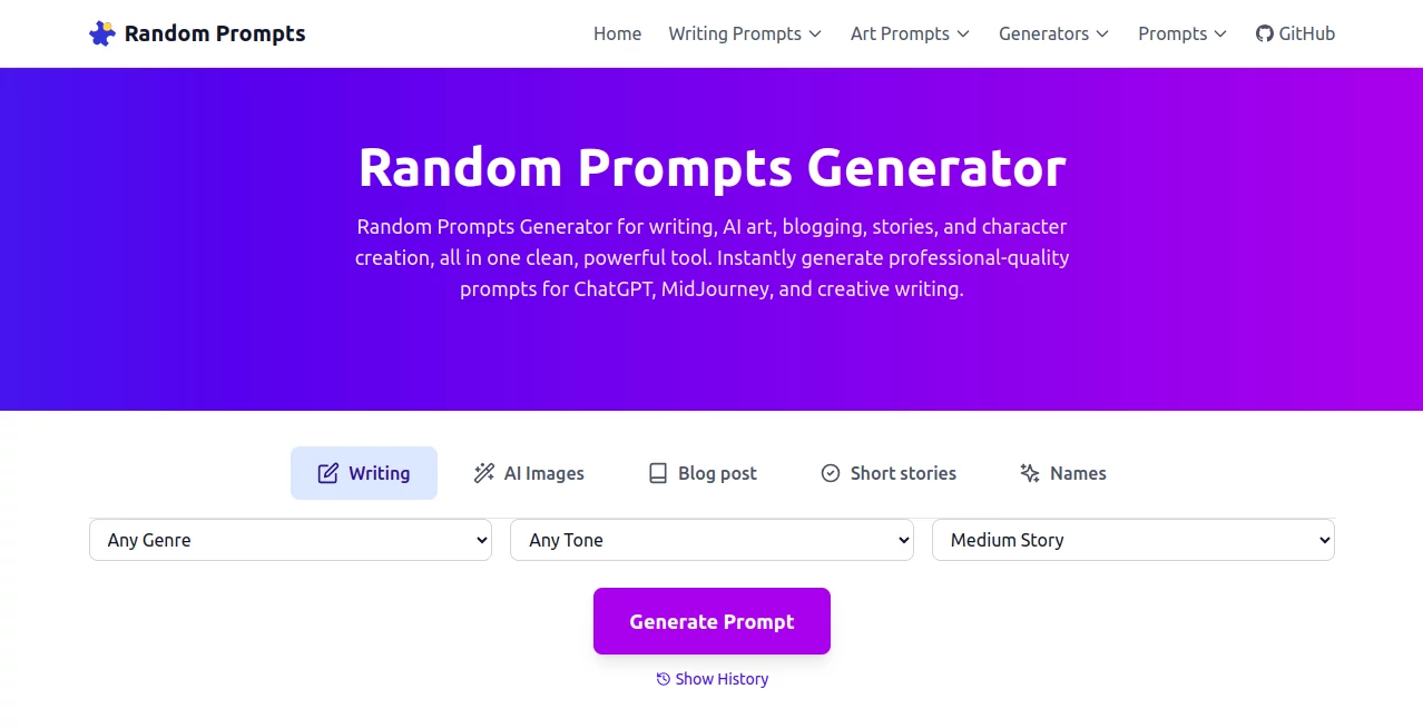 Screenshot of Random Prompts – An AI tool in the ,AI Creative Writing ,AI Content Generator ,Prompt ,Large Language Models (LLMs)  category, showcasing its interface and key features.