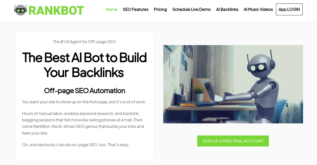 Screenshot of RankBot AI – An AI tool in the ,AI SEO Assistant ,AI Content Generator ,AI Research Tool ,AI Writing Assistants  category, showcasing its interface and key features.