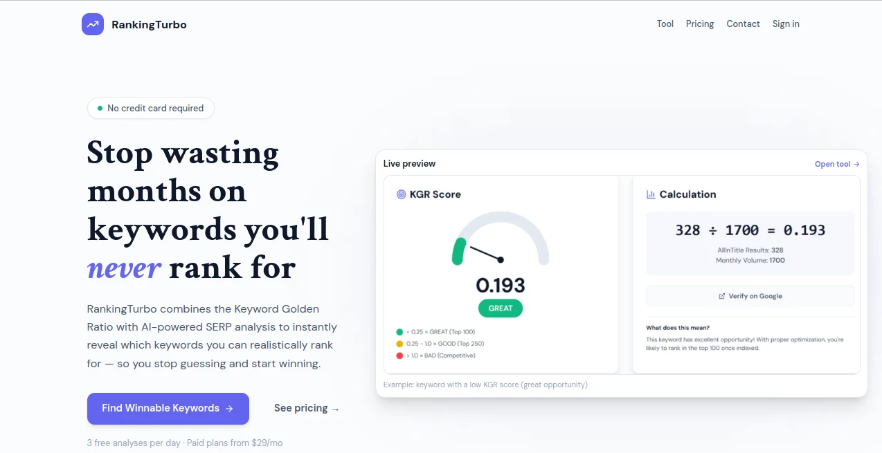 Screenshot of RankingTurbo – An AI tool in the ,AI Business Ideas Generator ,AI Analytics Assistant ,AI SEO Assistant ,Marketing  category, showcasing its interface and key features.