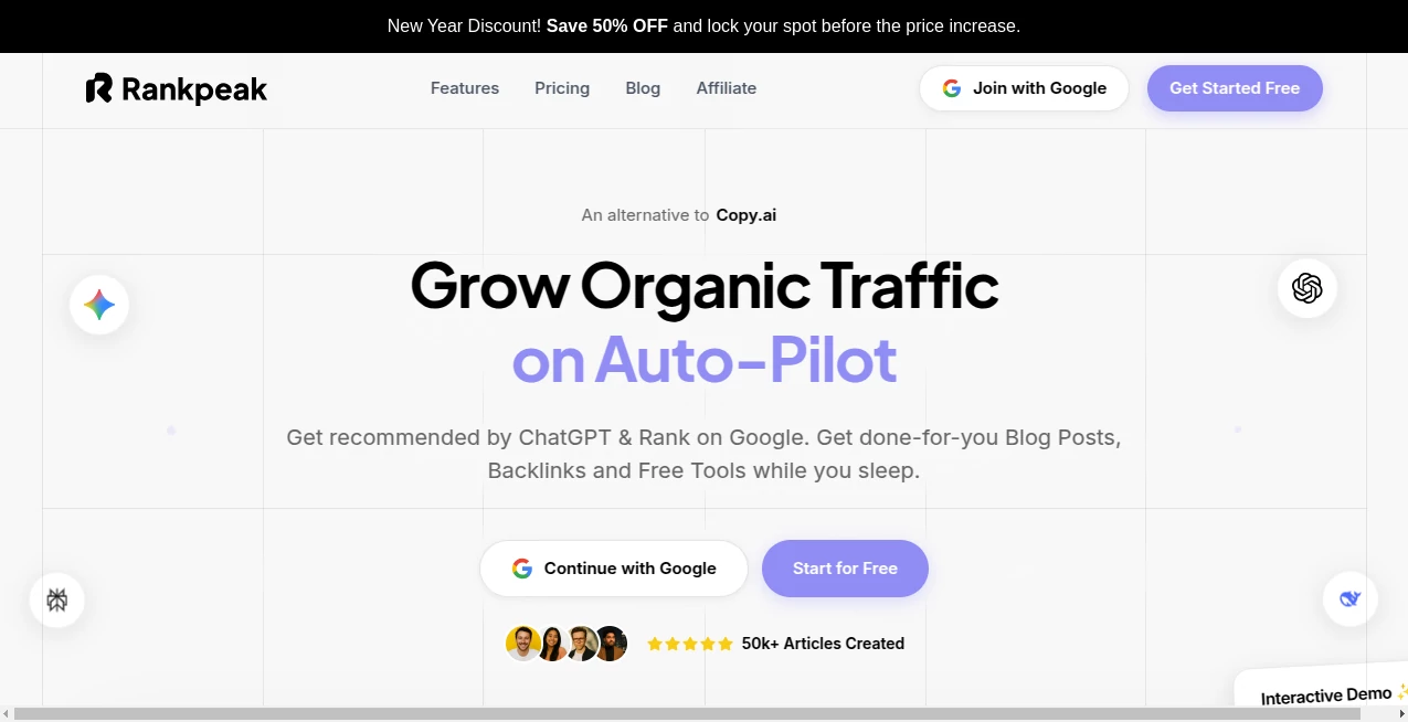 Screenshot of RankPeak – An AI tool in the ,AI SEO Assistant ,AI Content Generator ,AI Research Tool ,AI Marketing Plan Generator  category, showcasing its interface and key features.
