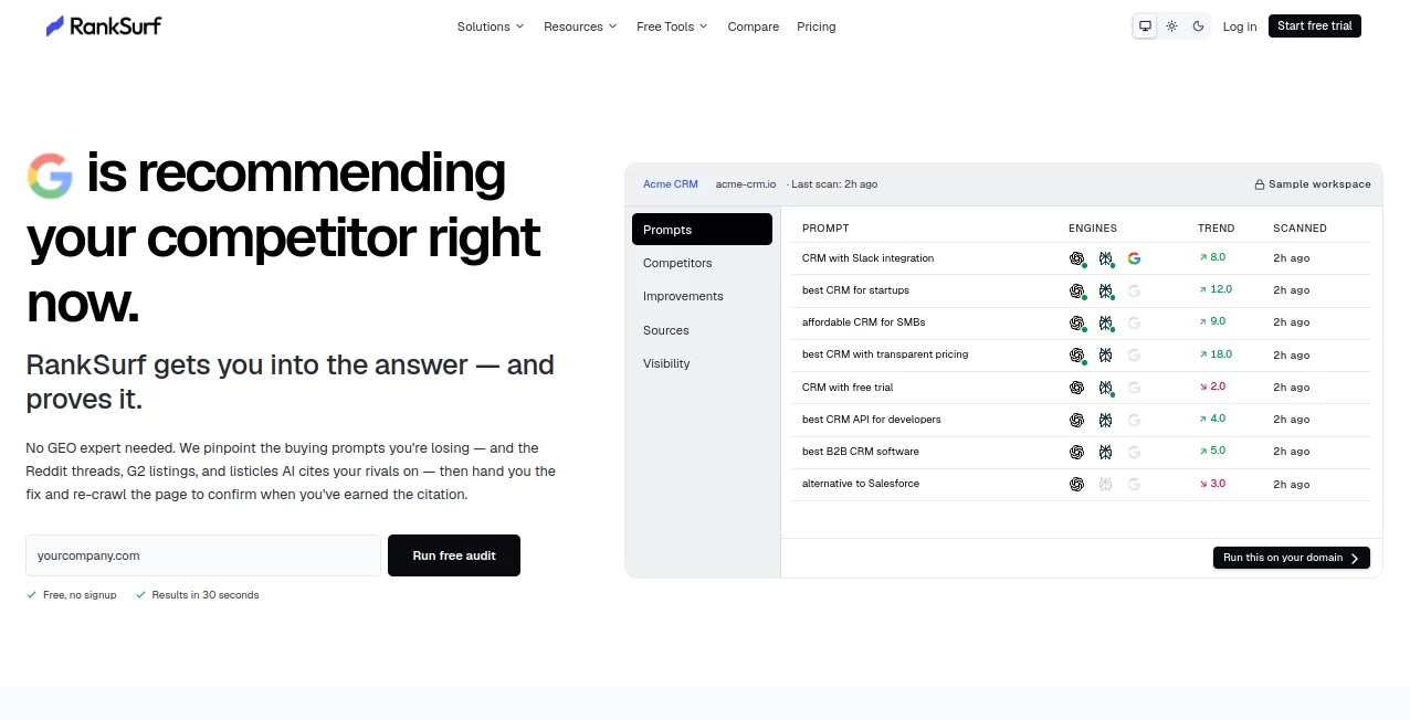 Screenshot of RankSurf – An AI tool in the ,AI Research Tool ,AI Analytics Assistant ,AI SEO Assistant ,Marketing  category, showcasing its interface and key features.