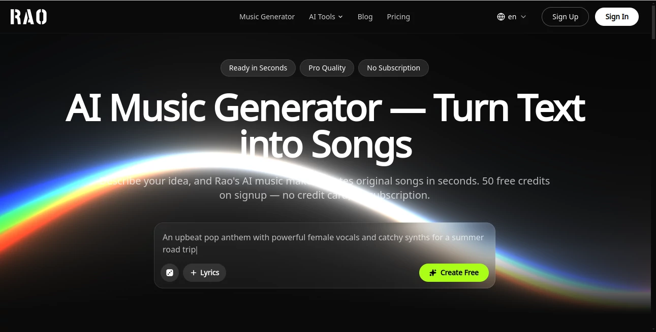 Screenshot of RaoMusic – An AI tool in the ,AI Audio Enhancer ,AI Music Generator ,AI Voice & Audio Editing ,AI Text to Music  category, showcasing its interface and key features.