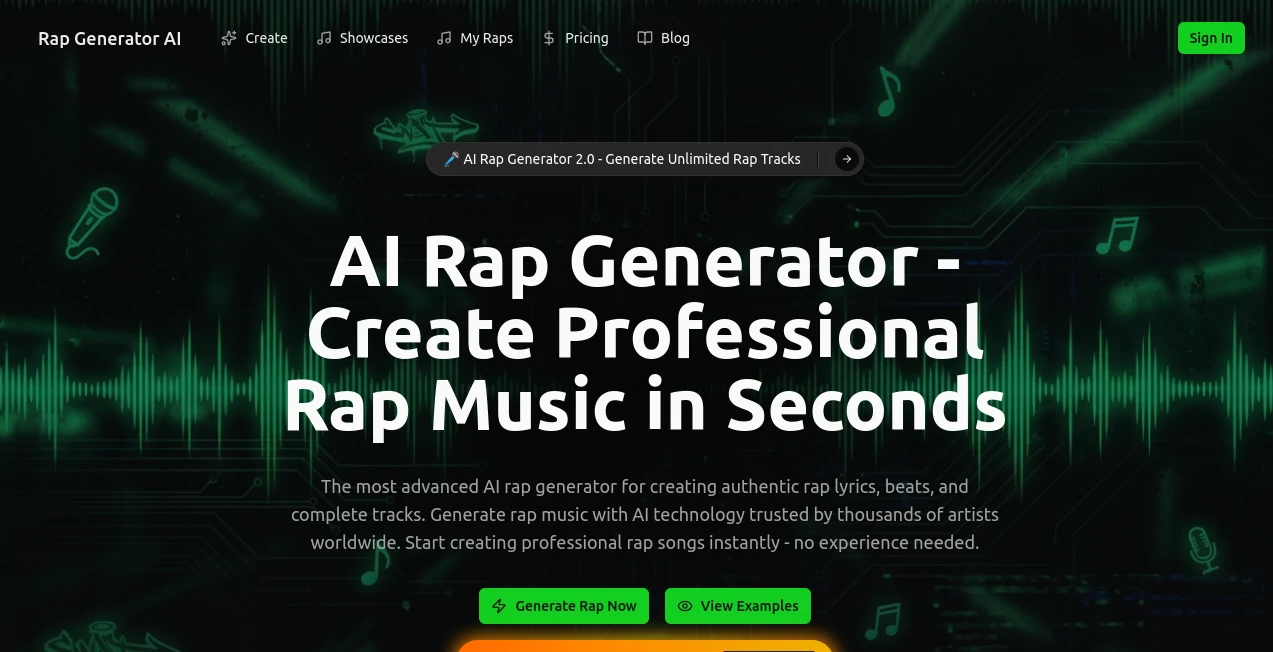 Screenshot of AI Rap Generator – An AI tool in the ,AI Text to Music ,AI Lyrics Generator ,AI Music Generator ,AI Singing Generator  category, showcasing its interface and key features.
