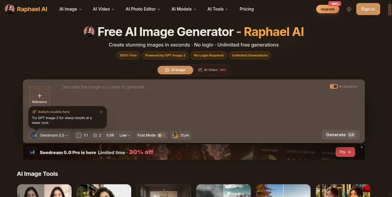 Screenshot of Raphael AI – An AI tool in the ,AI Photo & Image Generator ,AI Video Generator ,AI Image to Image ,AI Text to Image  category, showcasing its interface and key features.