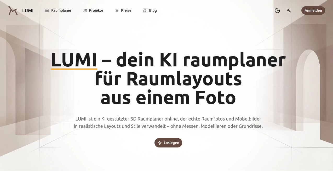 Screenshot of LUMI Raumplaner – An AI tool in the ,AI Art Generator ,AI Design Generator ,AI Image to Image ,AI Interior & Room Design  category, showcasing its interface and key features.