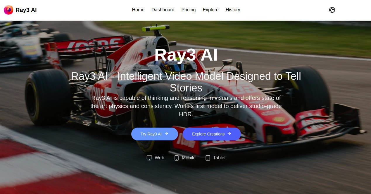 Screenshot of Ray3 AI – An AI tool in the ,AI Image to Video ,Photo & Image Editor ,AI Video Generator ,AI Video Enhancer  category, showcasing its interface and key features.