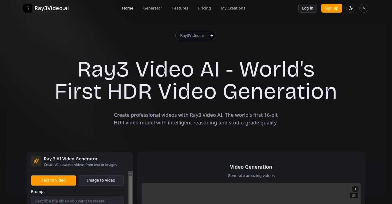 Screenshot of Ray3 Video AI – An AI tool in the ,AI Animated Video ,AI Image to Video ,AI Video Generator ,AI Text to Video  category, showcasing its interface and key features.