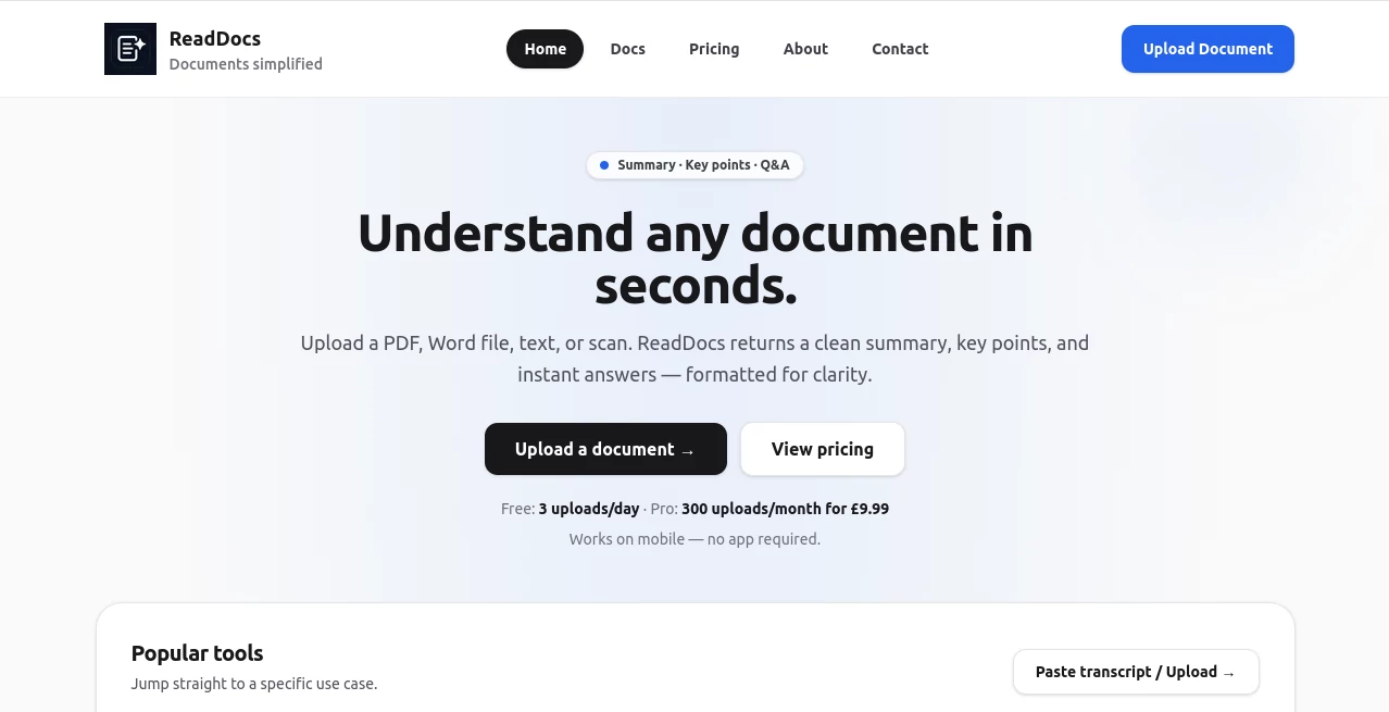 Screenshot of ReadDocs – An AI tool in the ,AI Research Tool ,AI PDF ,AI Document Extraction ,AI Documents Assistant  category, showcasing its interface and key features.